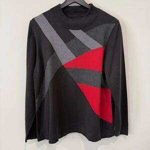 Black and Red Colorblock Sweater with Geometric Design and Mockneck